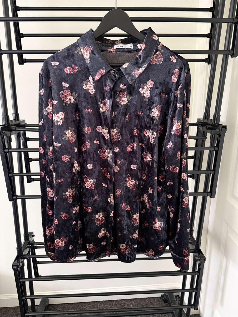 Blank NYC Black Velvet Button-Down with Pink Floral Print